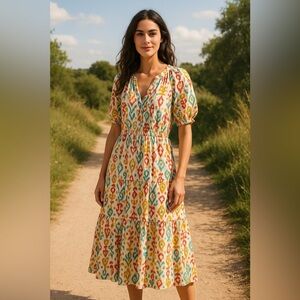 Anthropologie Nancy Print Felipa Midi Maxi Dress Ikat Boho Feminine Romantic L